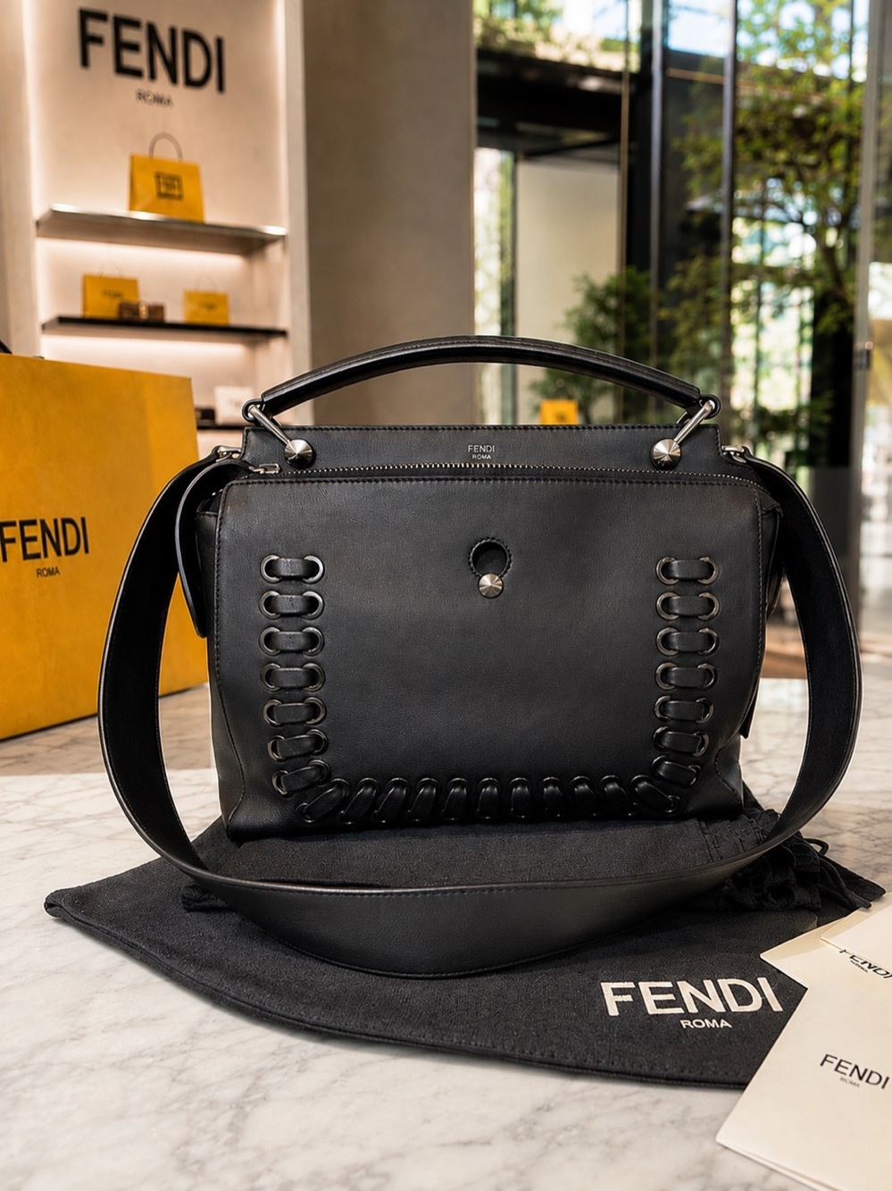 Fendi Dotcom Medium Whipstitch Leather Satchel – Black | Brown Interior | Silver